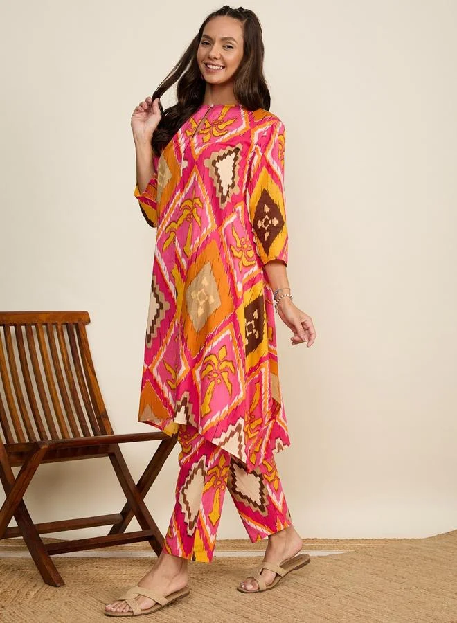 WineRed طقم تونيك مطبوع بنمط هندسي مع بنطال